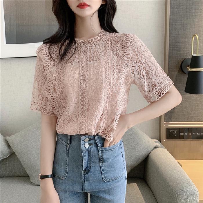 2025 Summer Women's Lace Top: Solid Color, Round Neck, Short Sleeve, Crochet Hollow Out, Loose Fit, Stylish & Comfortable Shirt.
