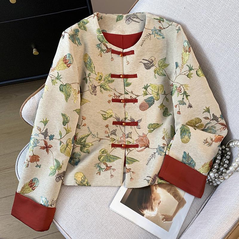 

Осенний кардиган в китайском стиле ханьфу с вышивкой и застежками-лягушками из парчи Extra Large красный