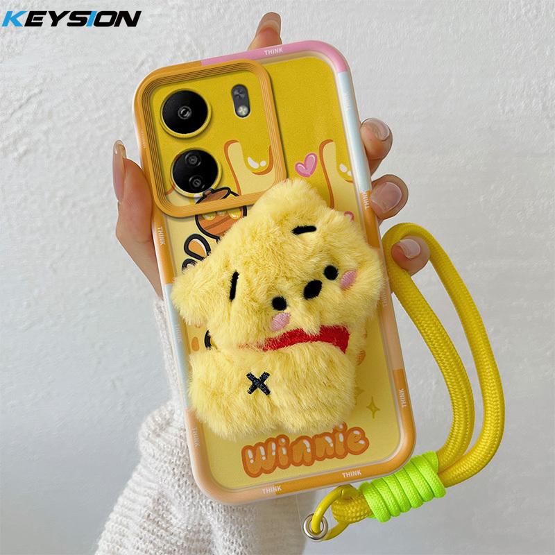 KEYSION Roztomilé 3D kreslené plyšové pouzdro pro Xiaomi POCO C65 s lanyard měkkým silikonovým nárazuvzdorným krytem na telefon pro Redmi 13C 4G 5G
