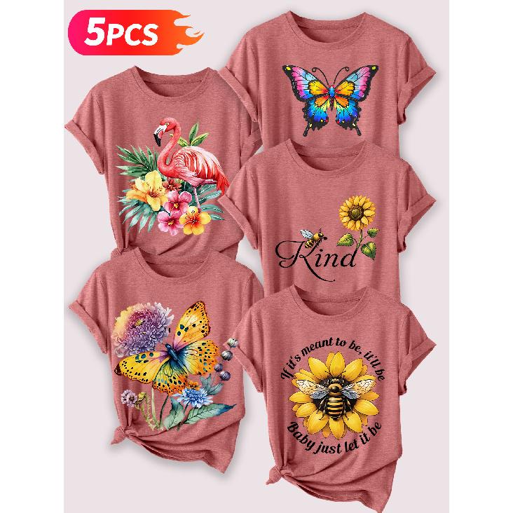 Follow a specific direction Five-piece set for women T T-shirt with vintage floral and bird print Elegant summer clothing Short-sleeved shirt for