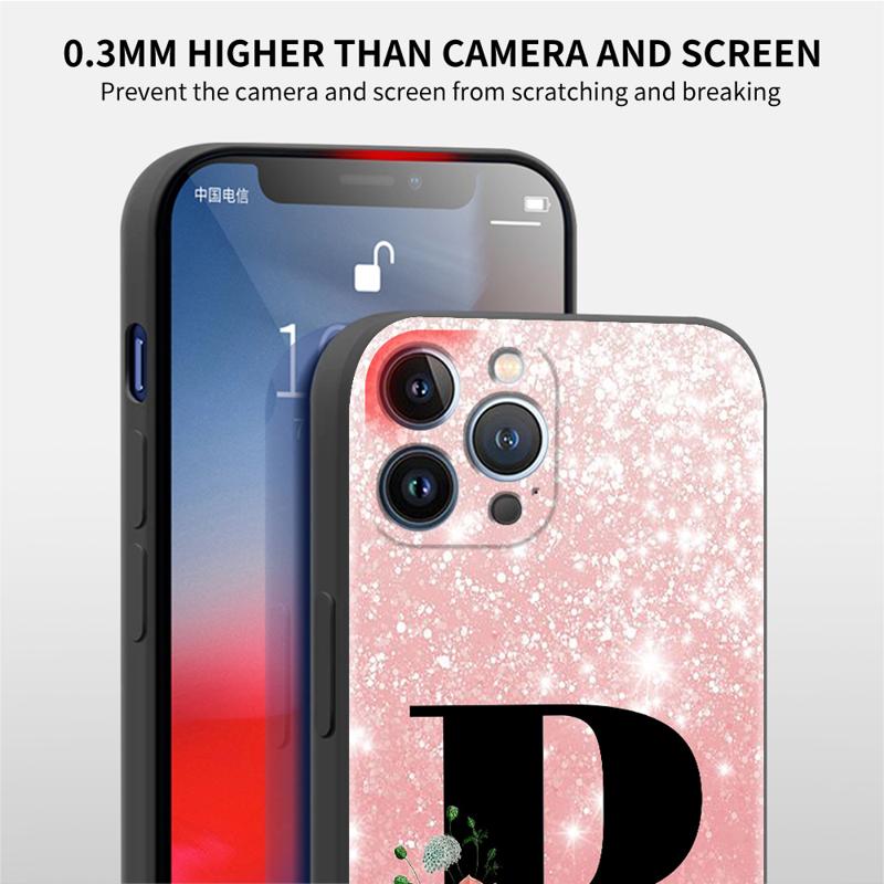 Letter A B C Flowers Pink Case For Apple iPhone 11 15 13 14 Pro Max 12 Plus X 15Pro Black Silicone Phone Coque