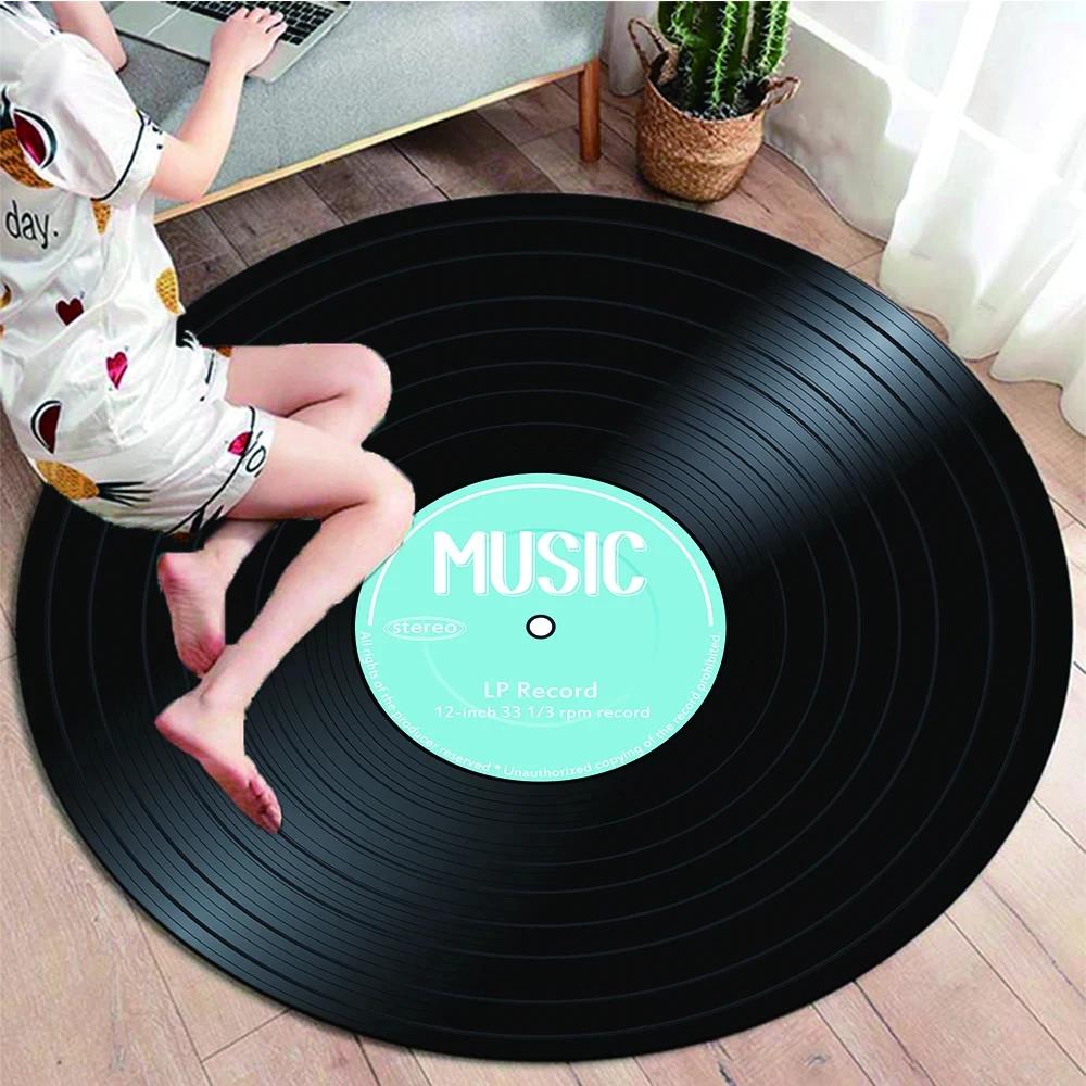 Runder Teppich mit klassischer Musik-Schallplatte, Teppiche für die Dekoration von Wohnzimmerstühlen, weiche, rutschfeste Bodenmatte zum Spielen für Kinder