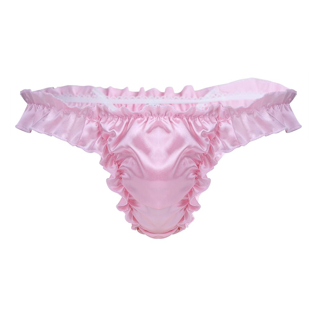 Mens Lingerie Soft Shiny Briefs Thong Panties Ruffled Frilly Sissy Bikini Briefs Thong Underwear Underpants