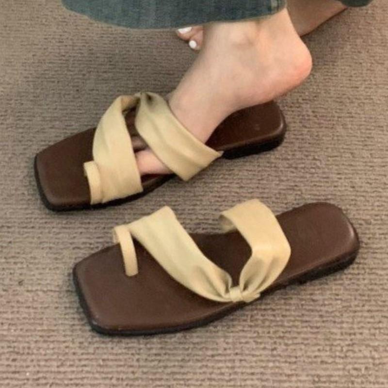 Fashion Korea Summer Retro 2025 Square Toe Toe-Loop Flat Sandals Vintage Slide Slippers Beach Casual Shoes Slingback Outdoor Footwear