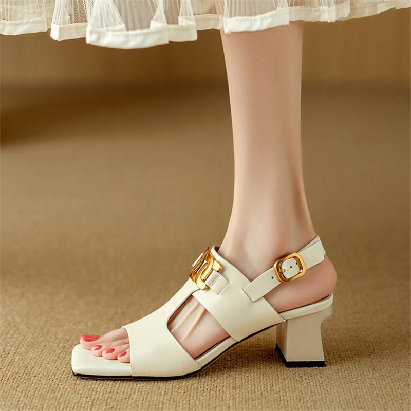 Fashion New Summer Sandals Split Leather Sandals for Women Fashion Metal Decoration Square Toe Sandals Ladies High Heels Casual Shoes