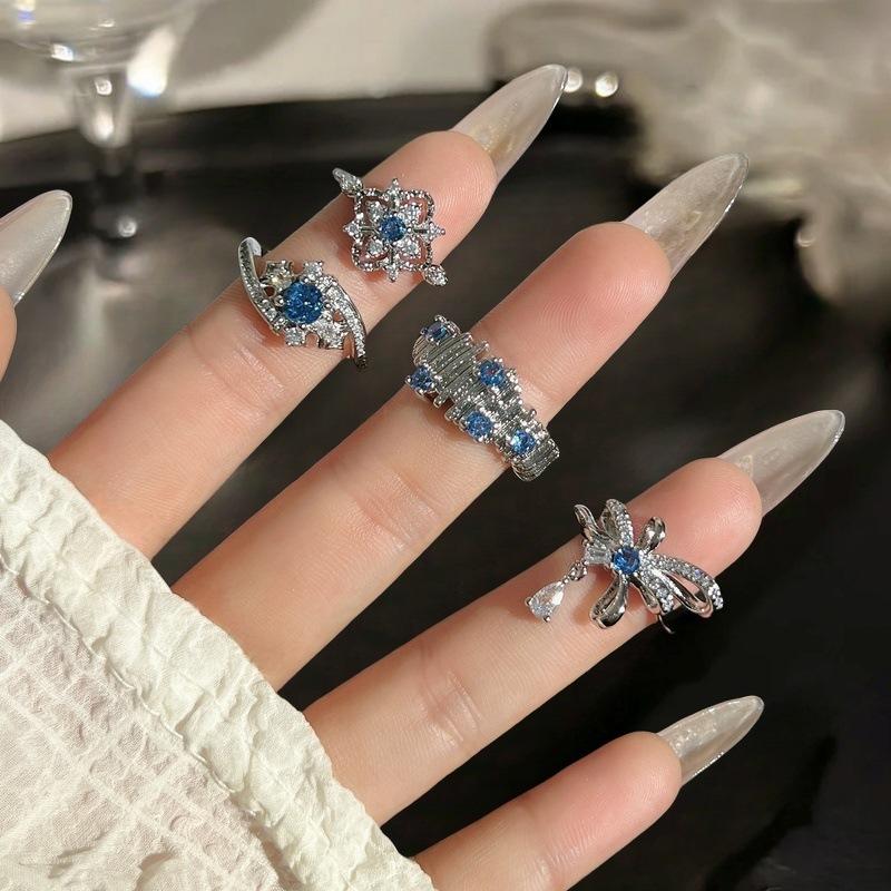 Light Luxury High-End Sea Blue Zir*****Pen Ring Full Of Diamonds Zircon Micro-Inlaid Niche Design Fashion Ring