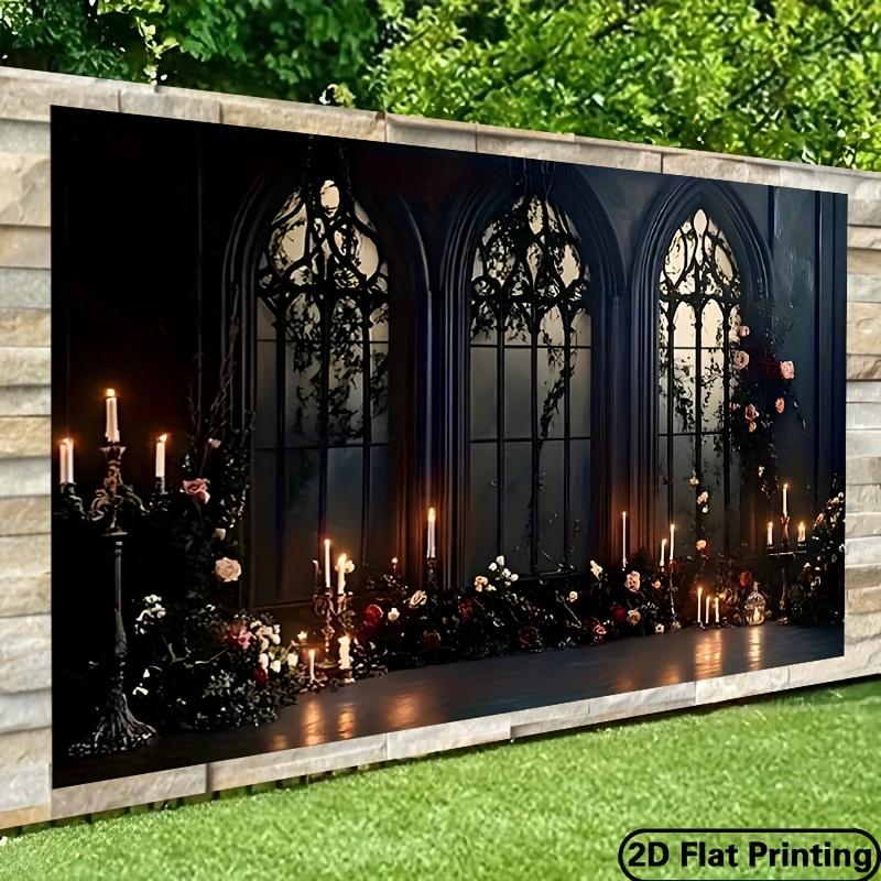 1pc 2D Flat Gothic arched window with candlelight background polyester banner decorationzyc