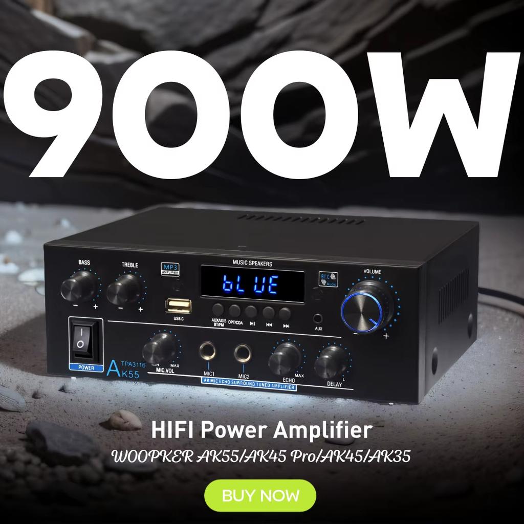 Woopker AK55 Vysoce výkonový digitální zesilovač Bluetooth Zvukový zesilovač 2kanálový HIFi FM USB Audio zesilovač pro domov, auto, karaoke