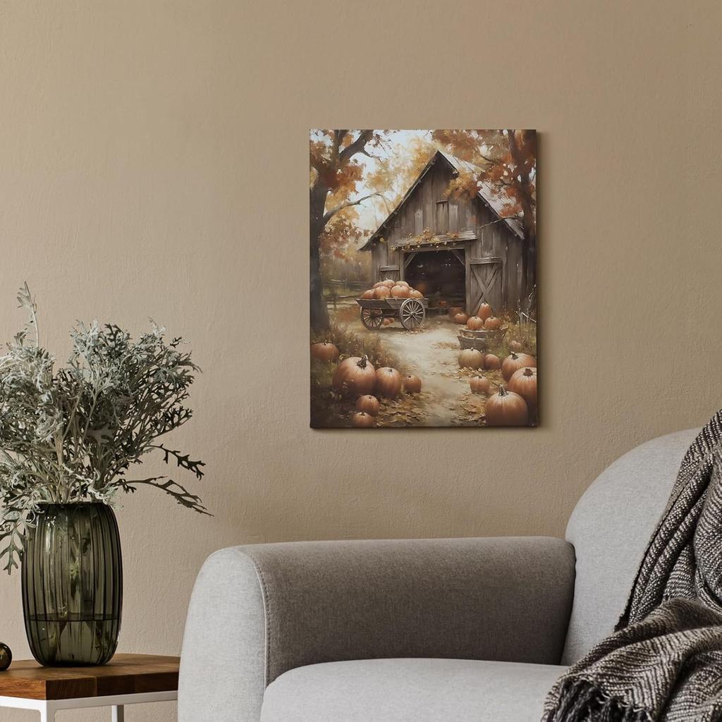 Voxitura Farmhouse Fall Pumpkin Fall Wall Art Canvas, Vintage Cottage Barn Wall Decor for Thanksgiving Kitchen, Rustic Autumn Paintings Pictures