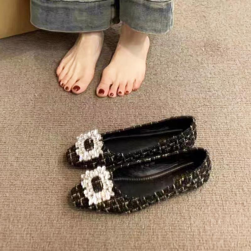Flat Bottom Square Buckle Rhinestone Single Shoes Women's Shoes New Spring Autumn and Winter French Small Fragrant Gentle Evening Shoes Shallow Mouth