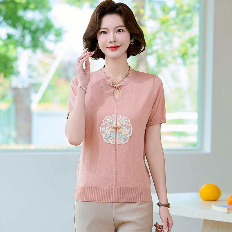 New Chinese Style Embroidered Ice Silk Short Sleeve T-Shirt for Middle-Aged Women