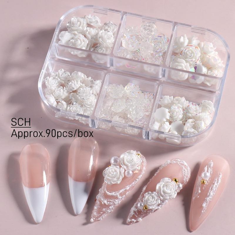 White Aurora Camellia Nail Art Jewelry Acrylic Resin Flowers Design Elegant Wedding Charms Accessories Rhinestone Decor