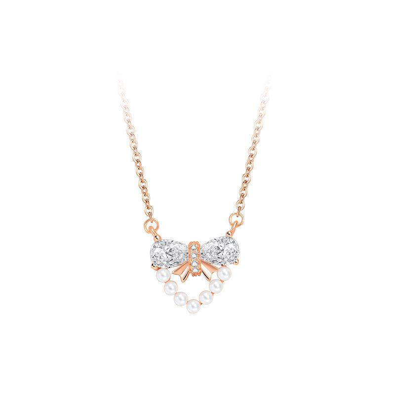S925 sterling silver rhinestone bow pearl necklace for women, French design beautiful heart pendant, niche necklace