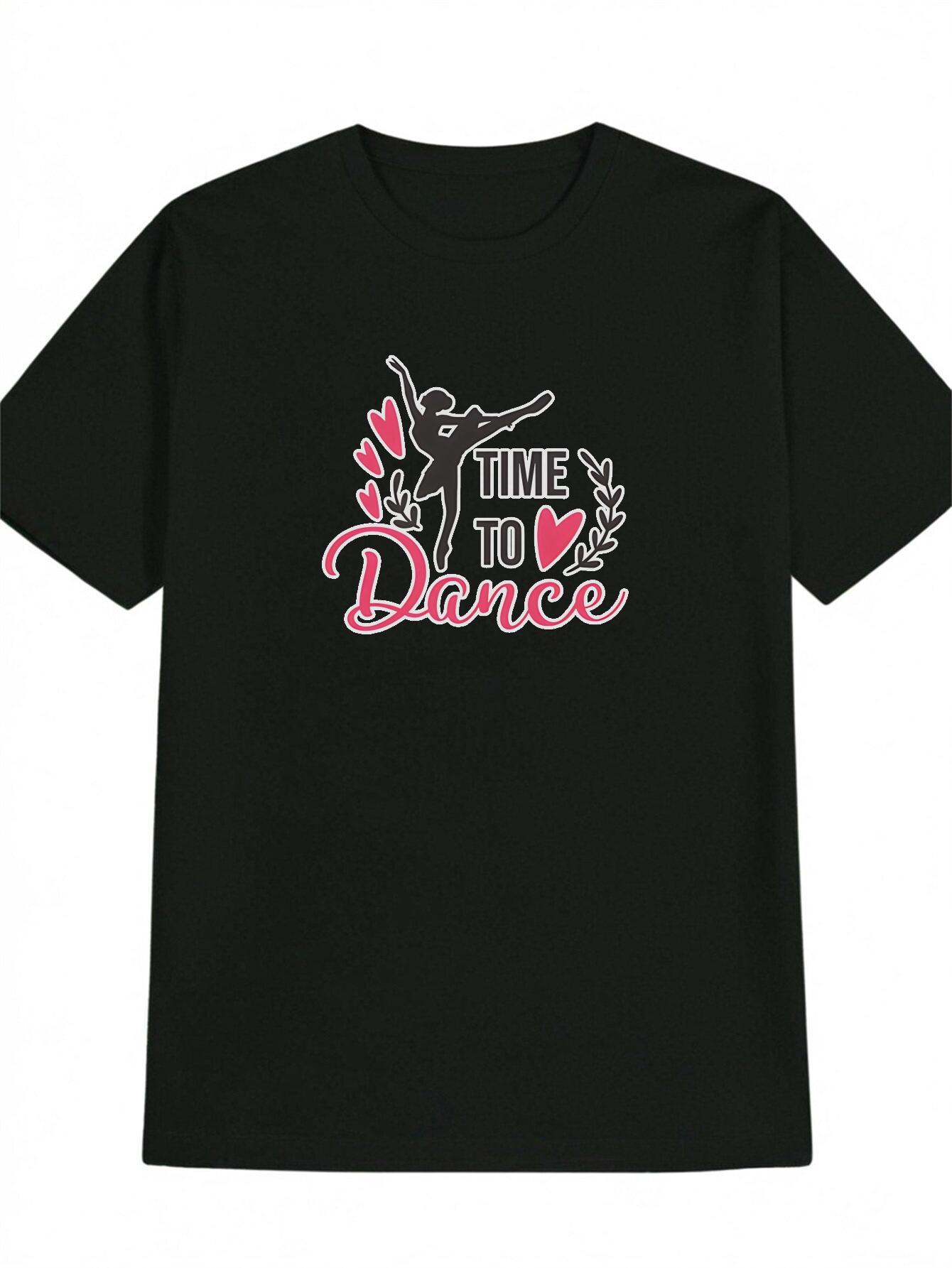 Casual Ballet Dancer Silhouette T-shirt with Pink Heart Time to Dance Graphic XL