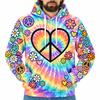 Colorful Peace Sign Hoodie For Men Retro Hippie Flower Heart 3D Printed Pullover Hoodie Checkerboard Graphic Hooded Sweatshirt