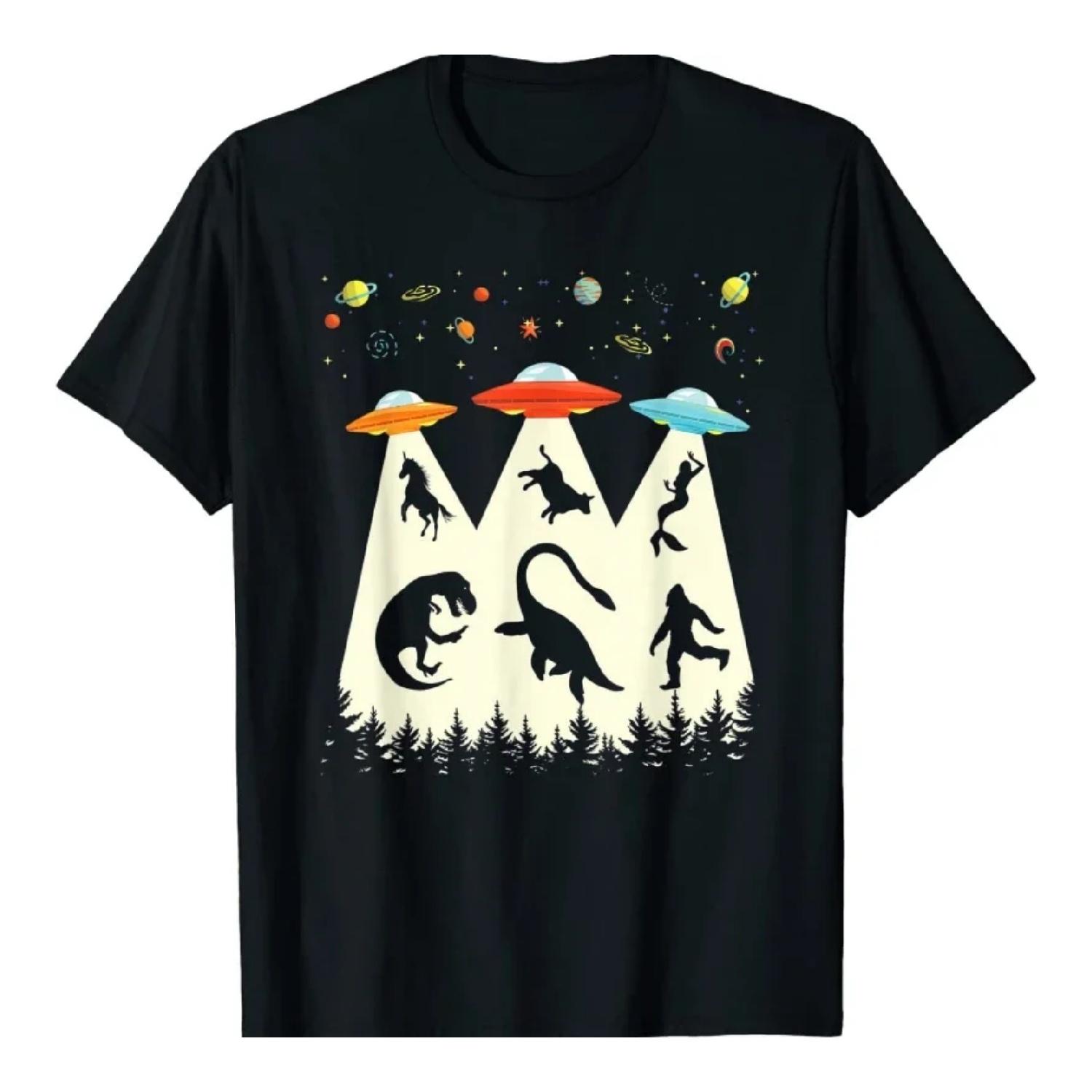 

Abduction T-Rex Loch Ness Bigfoot Funny UFO T Shirt Summer Women Male Classic Casual Camisetas Funny Cartoon Print Tops for Men S чёрный