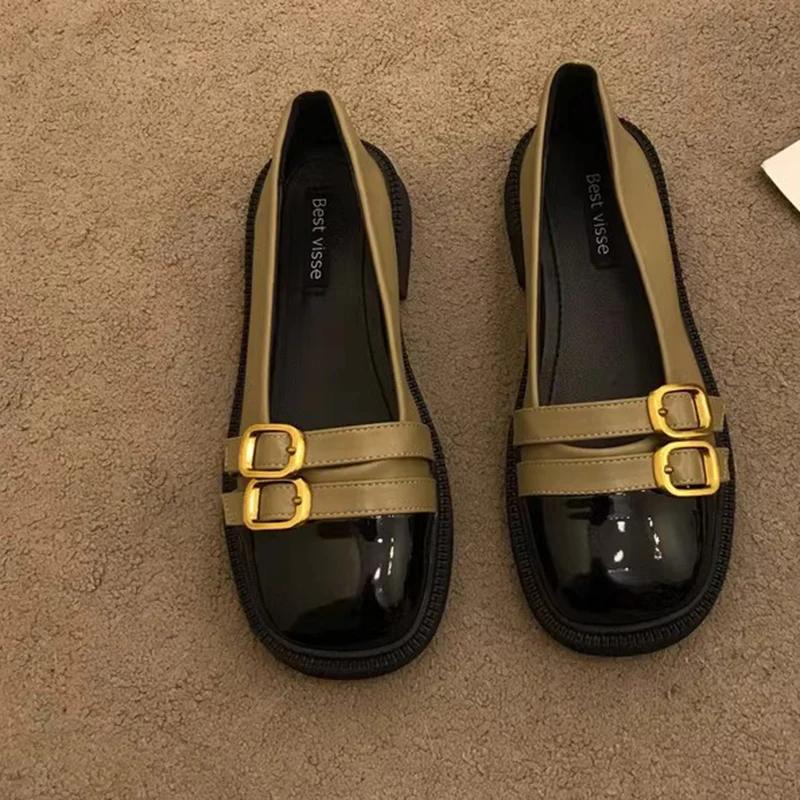 Fashion Vintage Double Buckle Low Heel Loafers for Women 2025 Spring Patchwork Pu Leather Flats Women