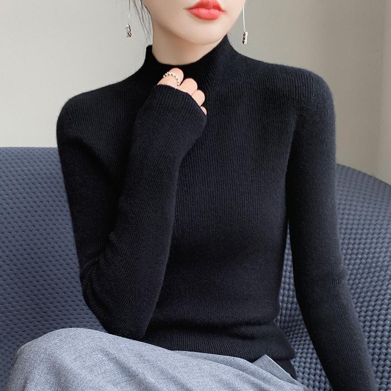 Women's Slim Fit Solid Color Knit Pullover Sweater – Autumn/Winter Long Sleeve Half-High Neck Base Layer