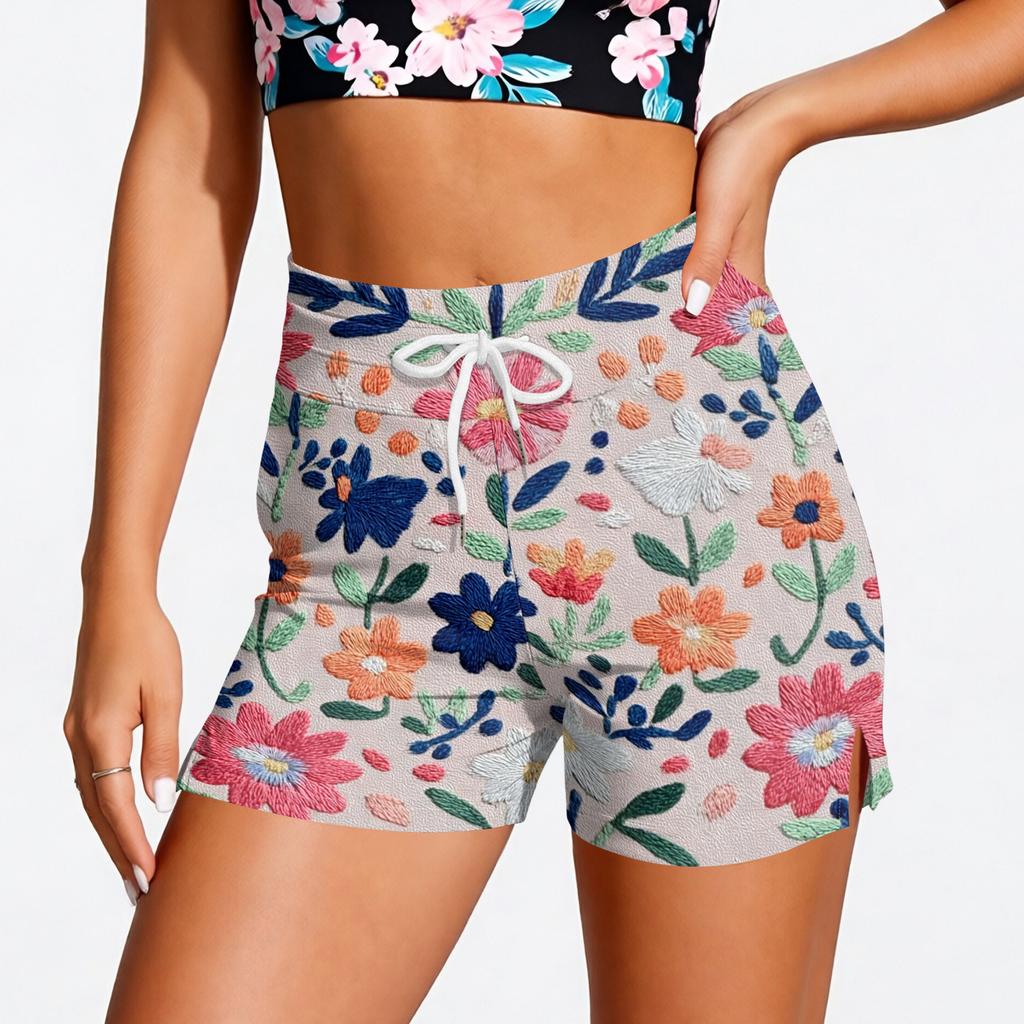 High Waist Drawstring Floral Print Shorts for Women Casual Loose Fit Summer Lightweight Breathable Elastic Waistband Shorts