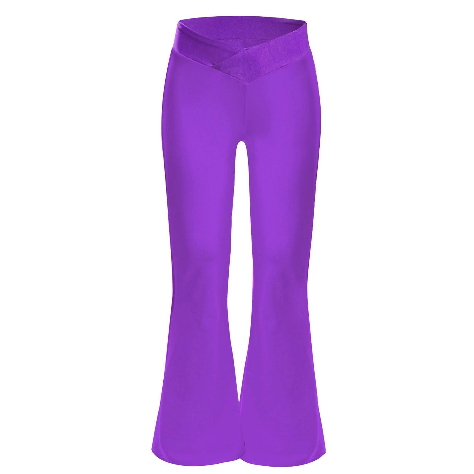 

Girls Cheerleading Dance Pants Flared Bell Bottom Design with V Front Elastic Waistband Comfortable Color Block Trousers 9-10 Years фіолетовий