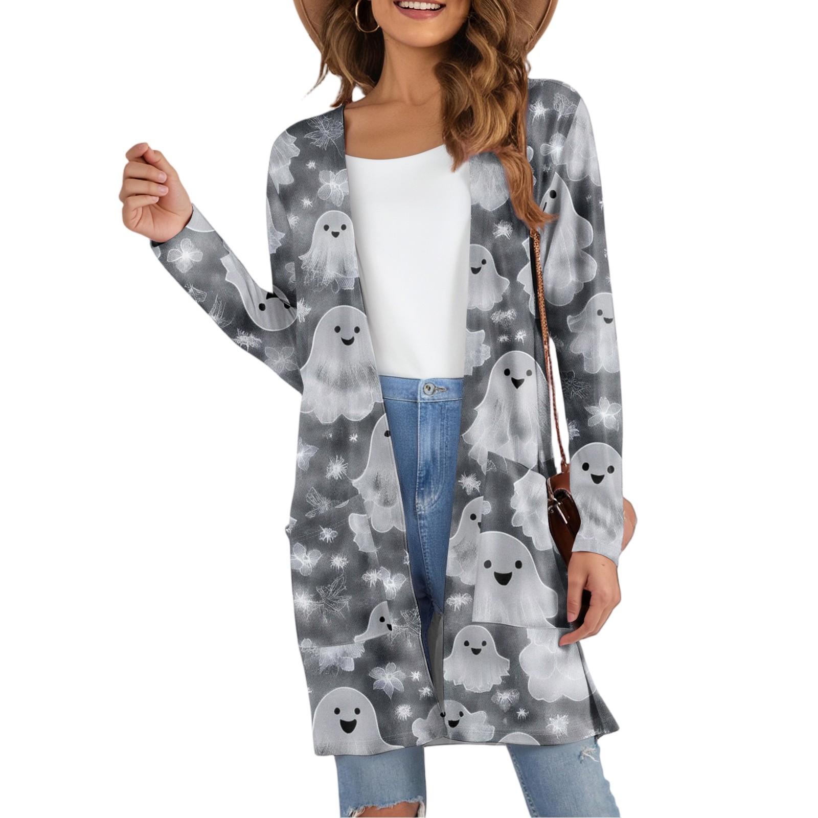 

Женский модный повседневный удобный кардиган средней длины с принтом на Хэллоуин и карманами M