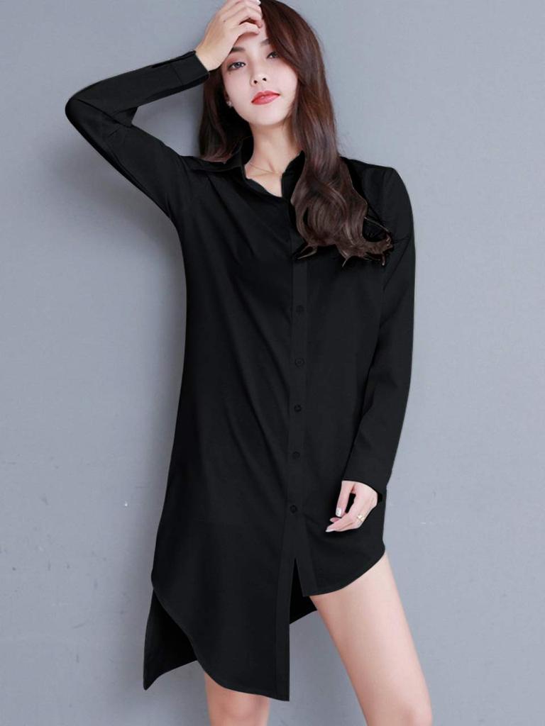 Bubu Ohana Asimétrica Lisa Larga Larga Abierta Tallas Mini Adulto Blusa Negra, Color, Longitud, Mangas, Ropa de Mujer, Primavera, Verano, Otoño, Invierno,