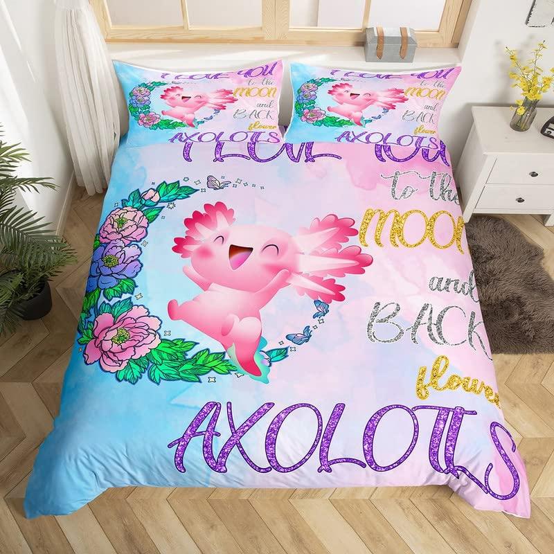 Cute Axolotl Duvet Cover Set Full Size Cartoon Salamander Bedding Set Kawaii Animals Comforter Cover Constellation Black Decor