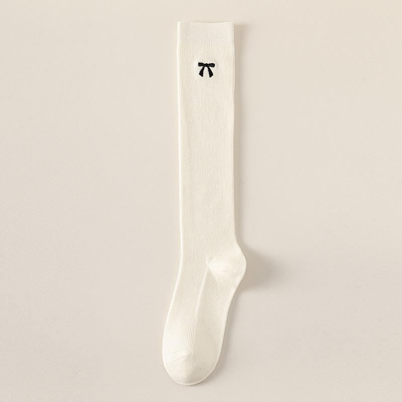 Calf Socks, Women's Embroidered Bow Socks, Spring and Autumn Ballet Style Long Stockings, Double-needle Cotton