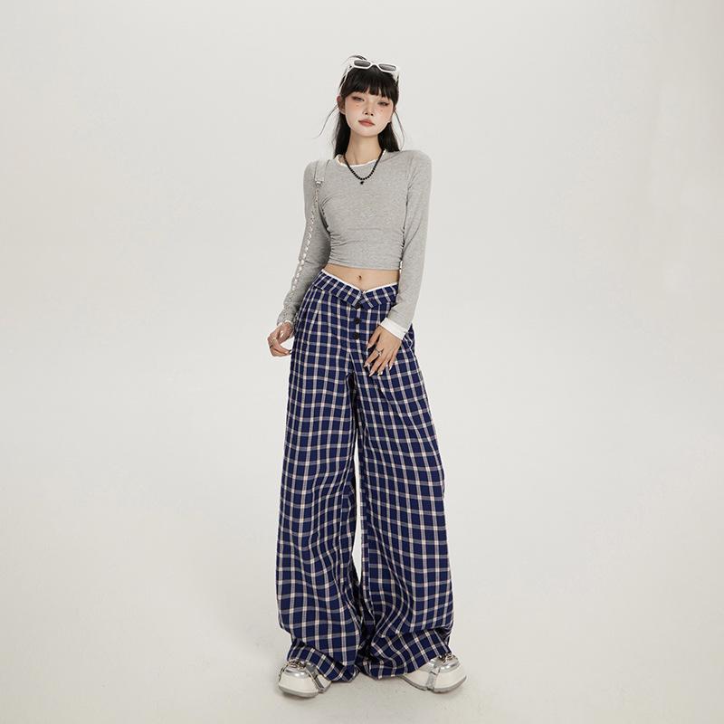 Women's High Waist Plaid Wide-Leg Casual Pants - Autumn Button-Down Style