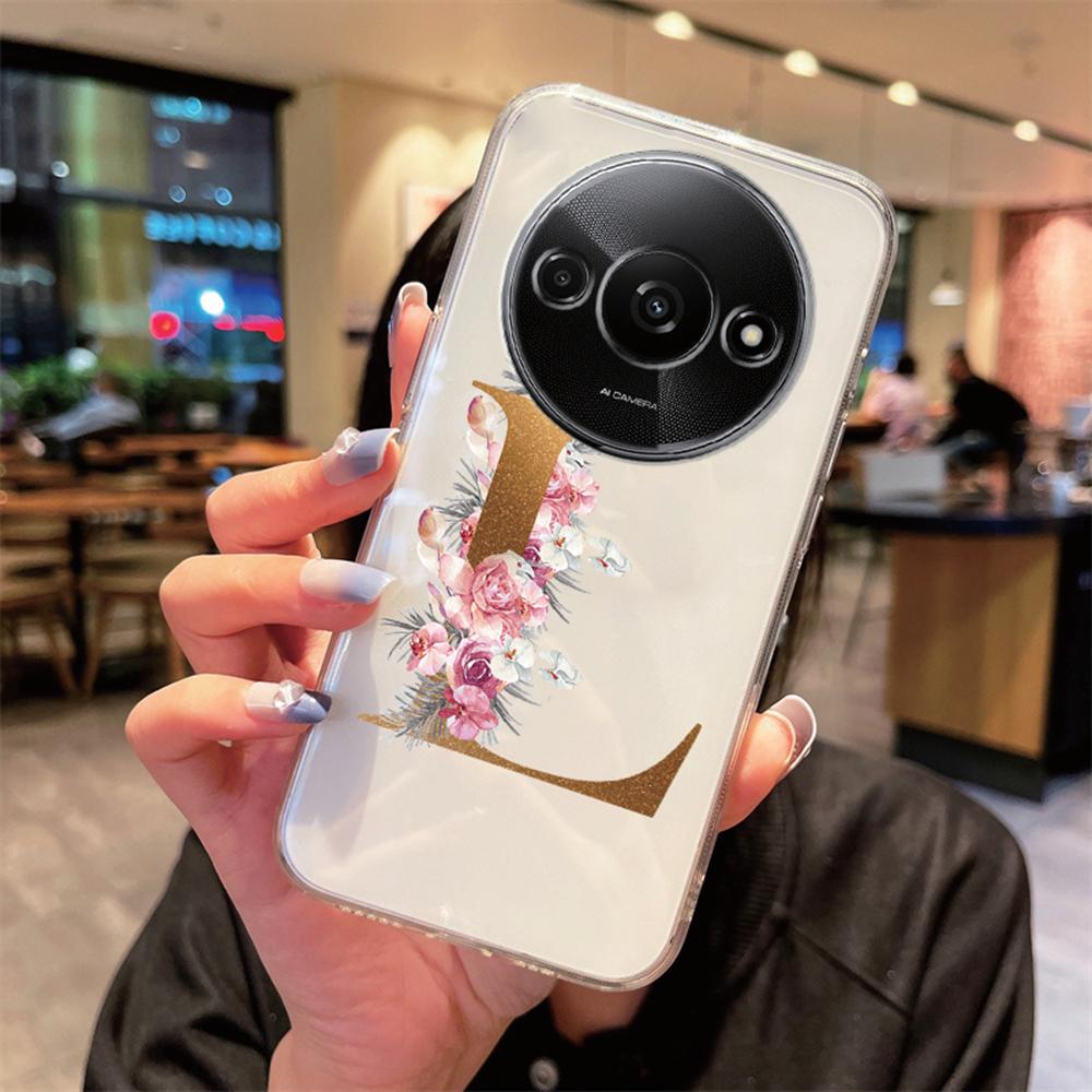 Phone Case For Xiaomi Redmi A3 Redmia3 Transparent Silicone Camera Protection Colorful Flowers Golden Letters A-Z Clear Cover