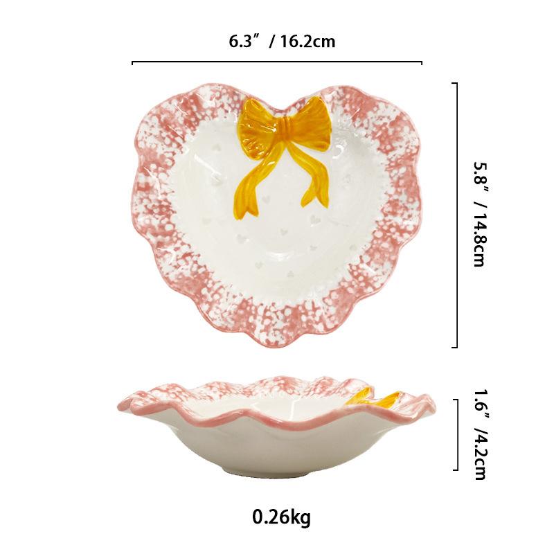 

Creative Bow Love Ceramic Plate Household Vegetable Plate Fruit Salad Bowl High Value Heart-Shaped Bowl Combination Tableware
