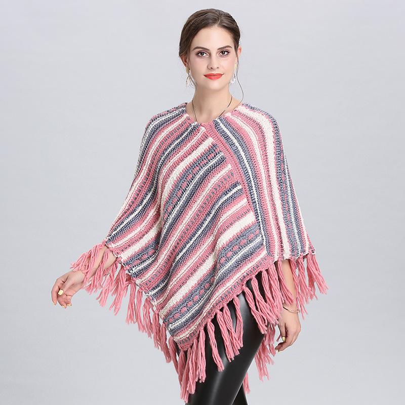 Exclusive For South American Tassel Cape Shawl V-Neck Diagonal Striped Pullover Women 1527 #