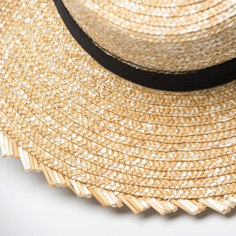 Spring and summer new fashion pattern wavy edge straw straw flat top top hat, webbing decorative sunshade beach flat top straw hat