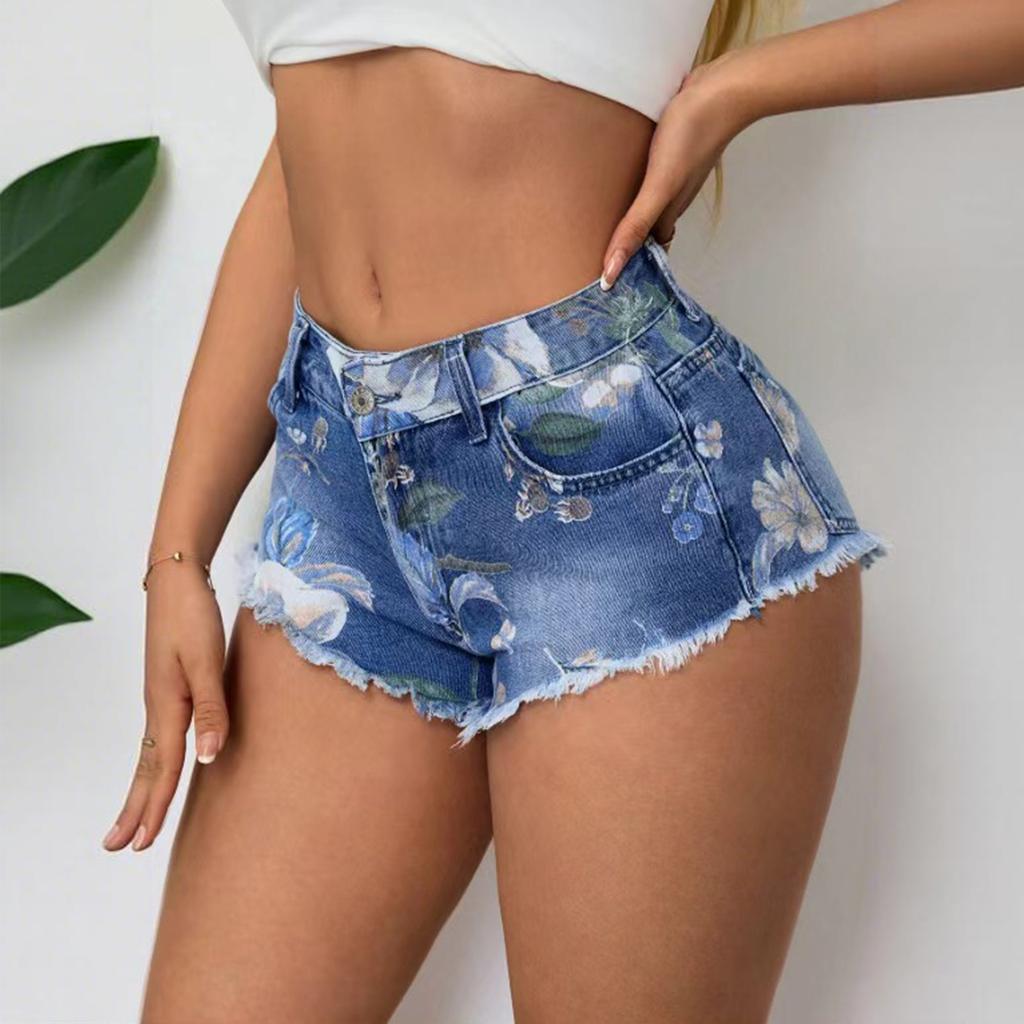 Women's High Waist Denim Shorts Classic Fit Distressed Hem Floral Print Casual Summer Bottoms for Outdoor Activities