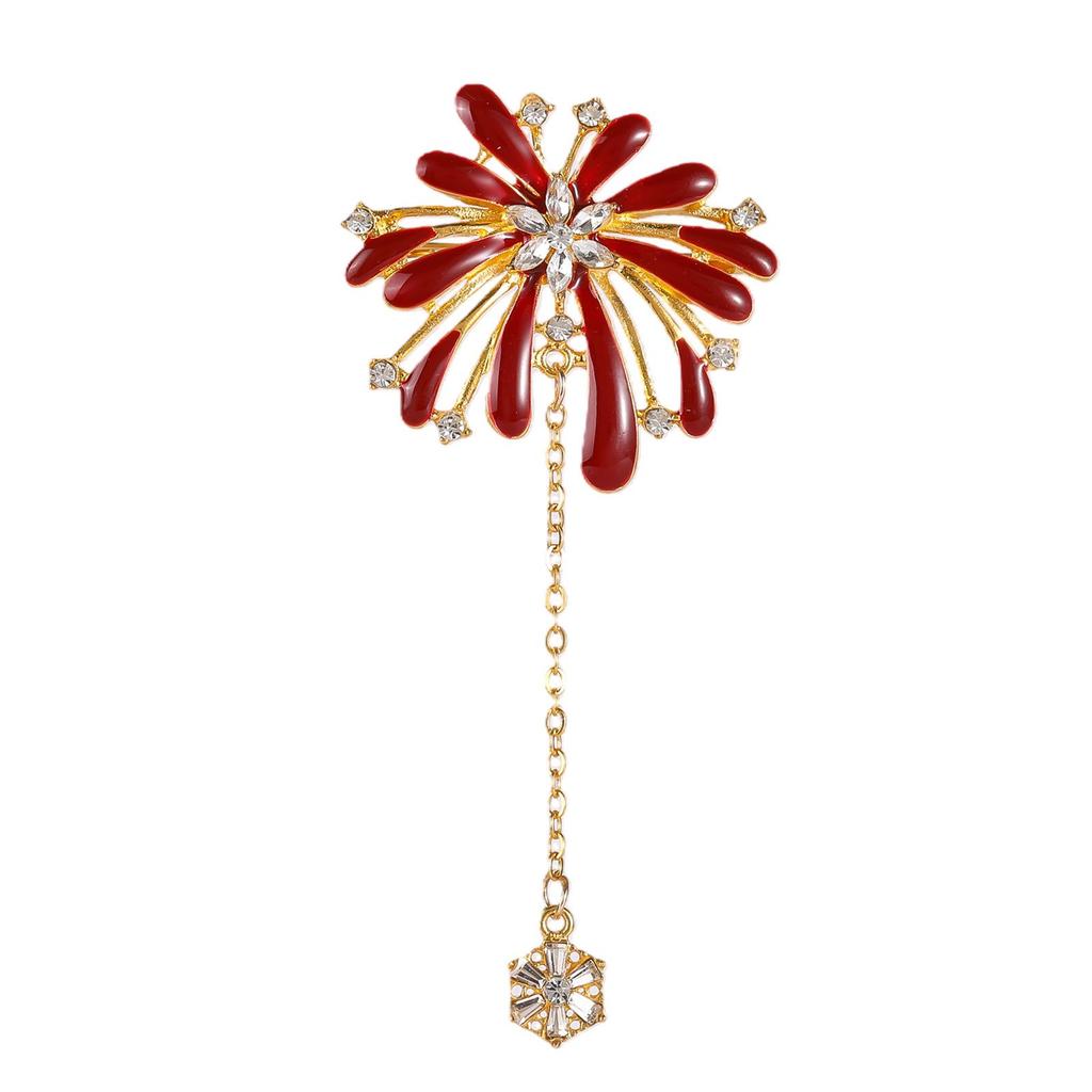 Elegant Red Rhinestone Firework Tassel Brooch - High-End Light Luxury Exquisite Pin