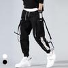 Men Hip Hop Drawstring Multi Pockets Straps Ankle Tied Long Cargo Pants Trousers