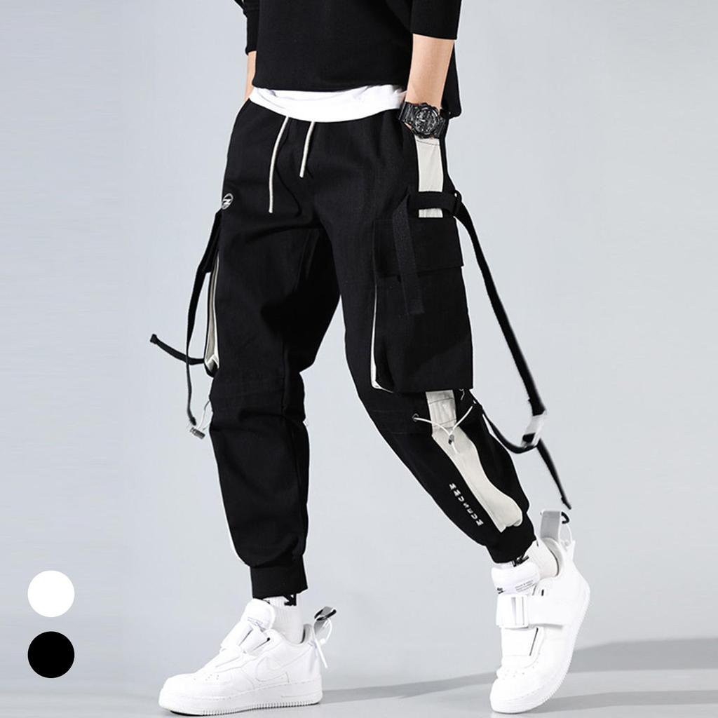 Men Hip Hop Drawstring Multi Pockets Straps Ankle Tied Long Cargo Pants Trousers