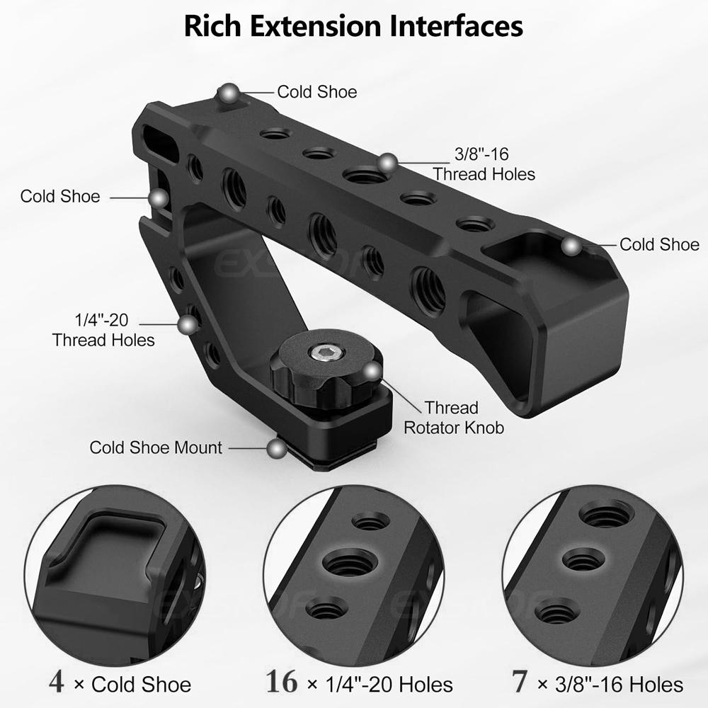 Top Handle Grip Universal Aluminium Alloy Handgrip Holder with Cold Shoe Mount 1/4" & 3/8" Holes for DSLR Camera Cage Microphone
