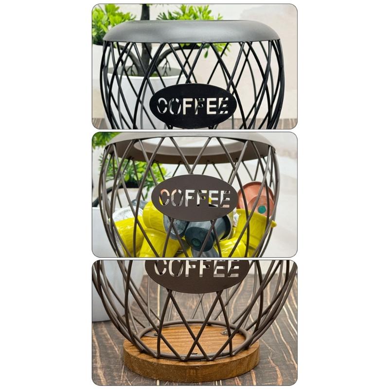 Artistic Iron Fruit Basket Inspired Coffee Pods Rack Open Structure Kitchen Office Storage Durable Metal Wood Materials