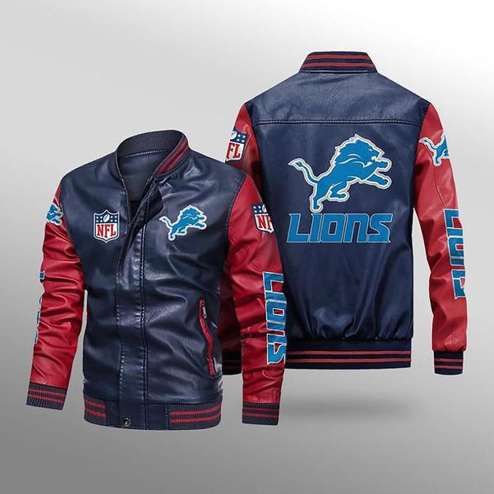 New Vintage PU Leather Jacket Printed Jacket Detroit Lions Rugby Fans Gift Loose Jacket