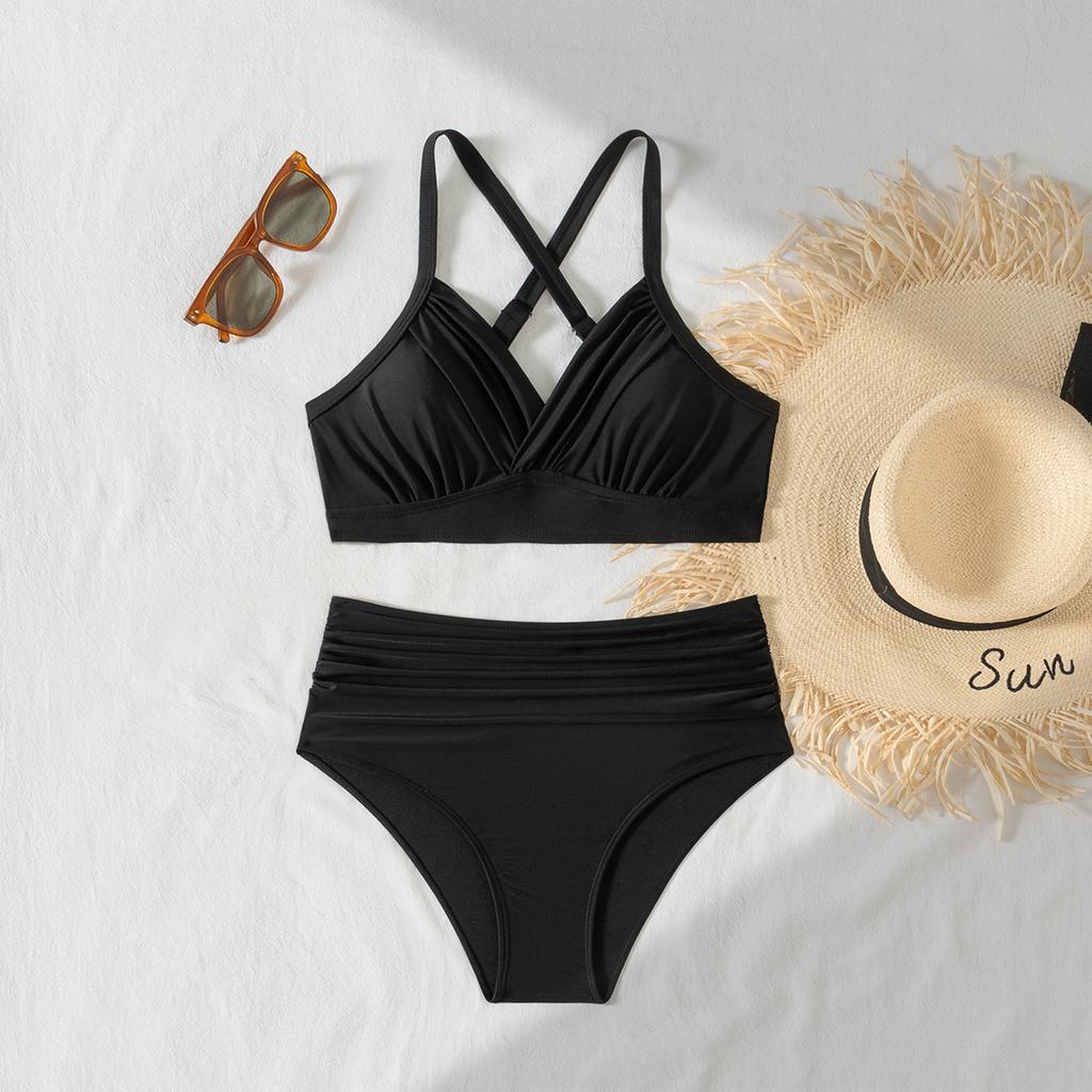 Tvådelad Baddräkt Enfärgad Rynkad Hög Midja Sexig Bikini Set Elegant