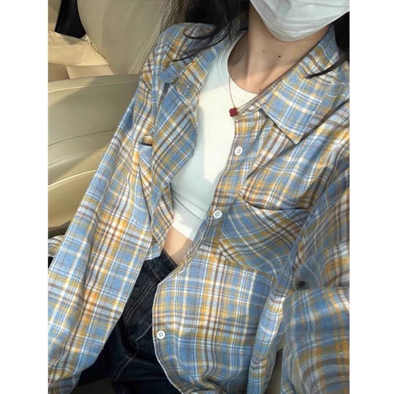 Retro Leichter Luxus Karomantel: Gelber & Blauer Langarm-Damenmantel für Frühling, Sommer und Herbst.