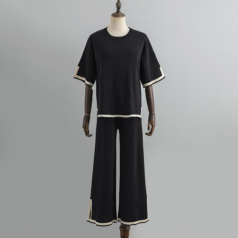 HNXC Fashion Set A Stylish Contrasting Color Split Short-sleeved Knitted Sweater+ High-waisted, Slimming Wide-leg Pants and Long Pants Two-piece Set