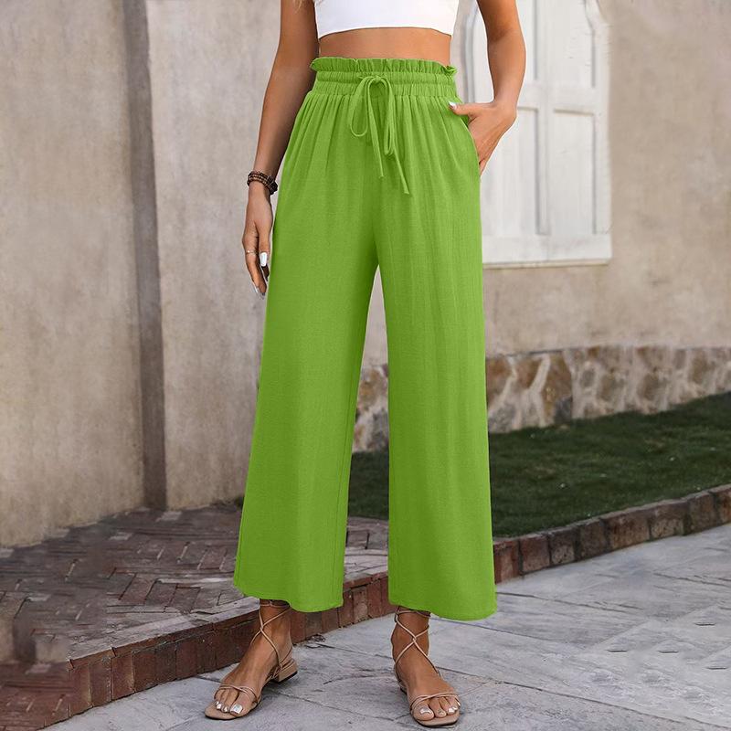 New Women's Solid Color Cotton Linen Wide Leg Pants, High Waist Elastic Drawstring Casual Trousers for Spring Summer