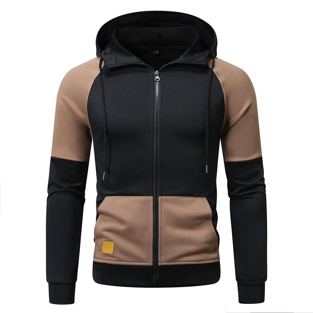 New autumn and winter men's hooded color-blocked sweatshirts, youth sports fashion cardigans, leather sweatshirt jackets