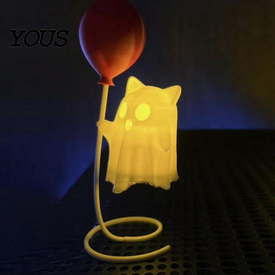 Balloon Ghost Figurine Cute with Balloon, Warm LED Night Light, Halloween Spooky Ornament Decoration for Bedroom Desk Table Centerpiece Cozy