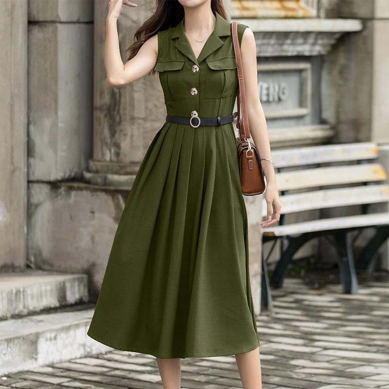 ZANZEA Women Summer Turn Down Collar Casual Sleeveless Long Dress