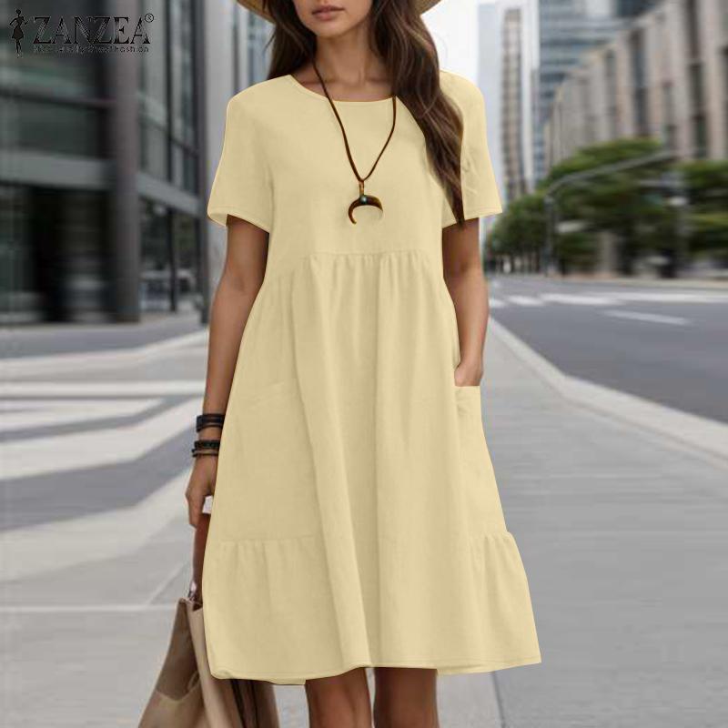 ZANZEA Women Casual Round Neck Loose Summer Short Sleeve Dress