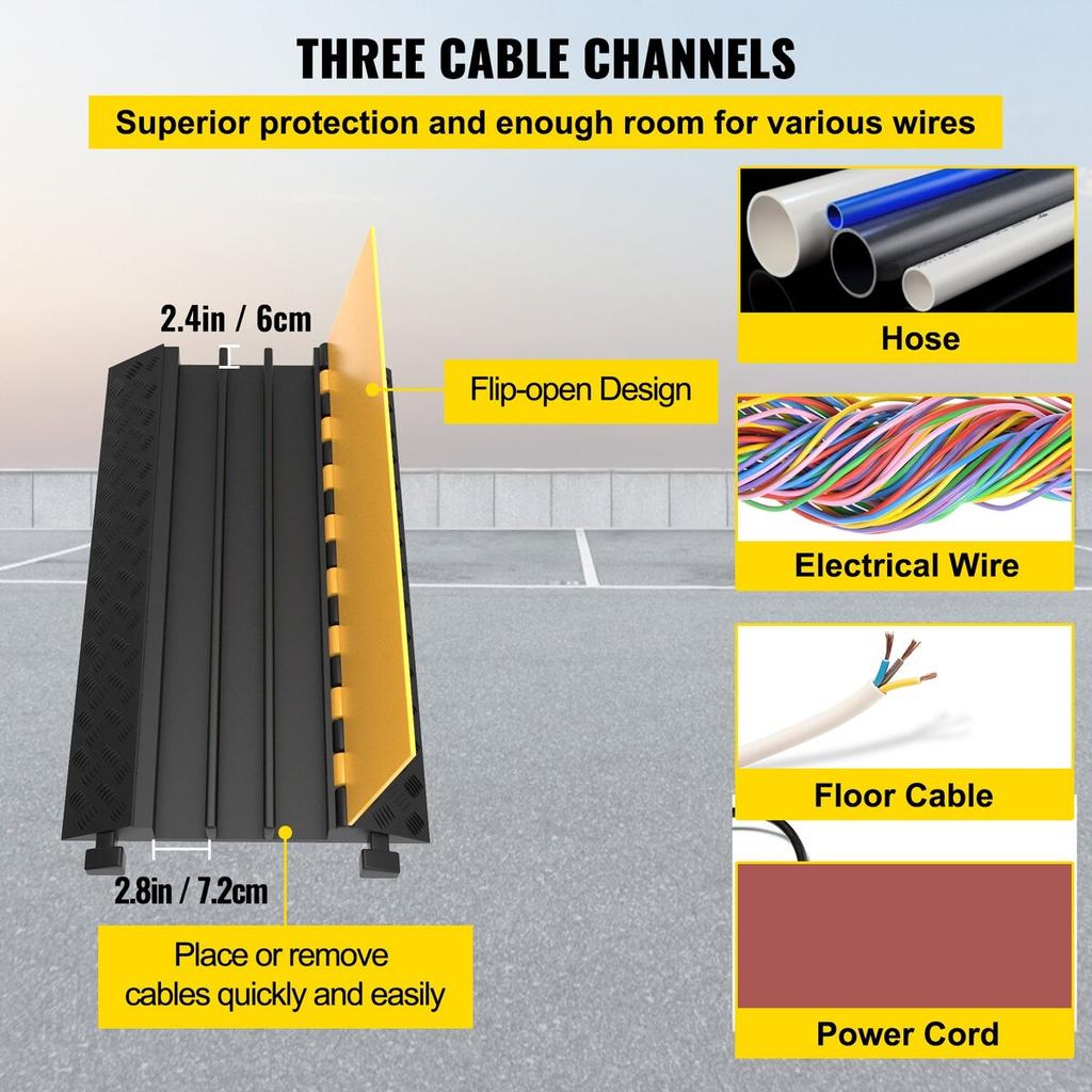 3 Channel Rubber Cable Protector Ramp Heavy Duty Cable Wire Cord Cover Ramp Speed Bump Driveway Hose Cable Ramp Protective Cover