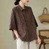 Womens Linen Cotton Button Up Blouse Casual Short Sleeve Pocket Shirt